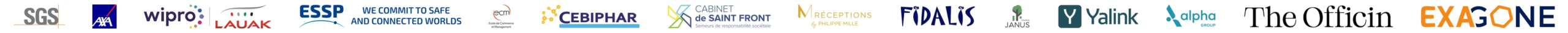 Logos de clients d'Intersektion : SGS, AXA, Wipro Lauak, ESSP, ECM, Cebiphar, Cabinet de Saint Front, M Réceptions, Fidalis, Janus, Yalink, Alpha, The Officin, Exagone